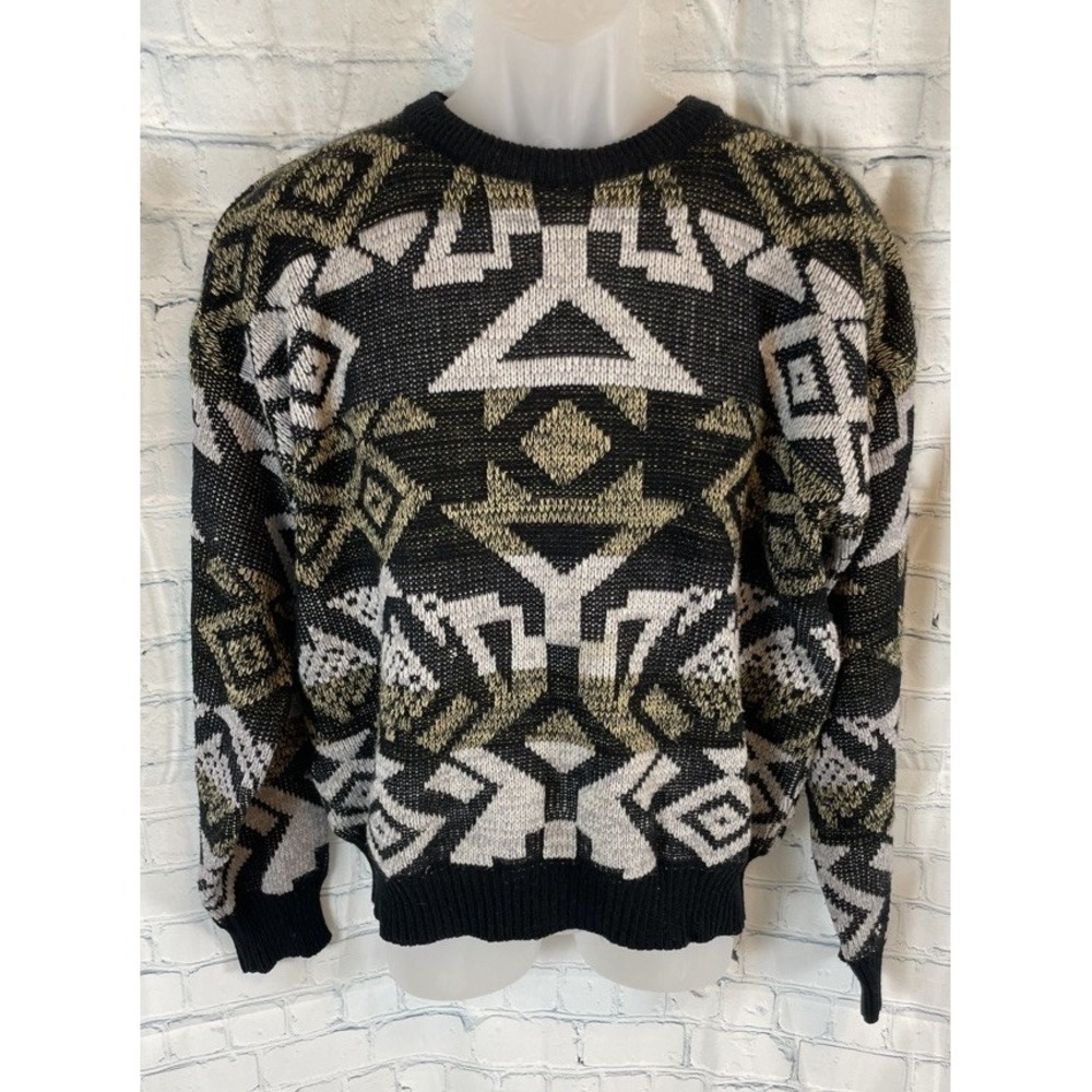 Expressions 1980s Vintage Geo Sweater Rare Men's Size L V Black Gray Green‎ Knit